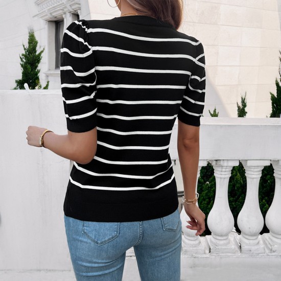 Diyun's European and American cross-border Amazon 2025 Spring/Summer Women's short-sleeved top with bubble sleeves, round neck and contrasting color sweater