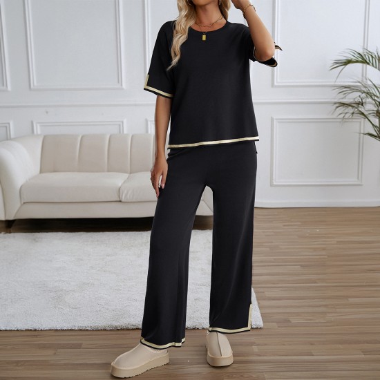 Diyun Cross-border Amazon Fashion Women's Wear 2025 Spring/Summer Export Style Casual Long Pants Short Sleeve Knitted Set for Women