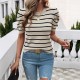 Diyun's European and American cross-border Amazon 2025 Spring/Summer Women's short-sleeved top with bubble sleeves, round neck and contrasting color sweater