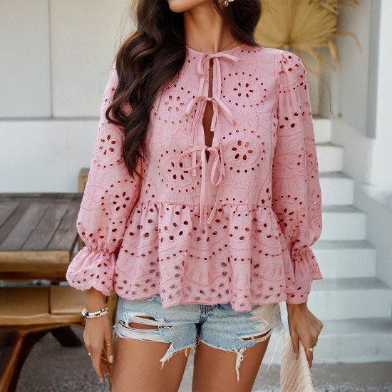 Diyun European and American Cross-border 2025 Spring/Summer Casual Vacation Loose lace-up cardigan Solid Color Cutout top Women's shirt