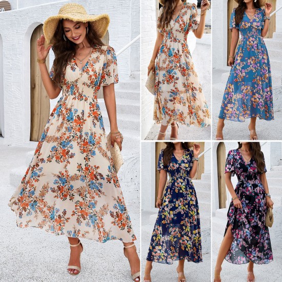 Diyun Cross-border Independent Station European and American Women's Clothing 2025 Spring/Summer Export Style Printed Waist Short Sleeved dress