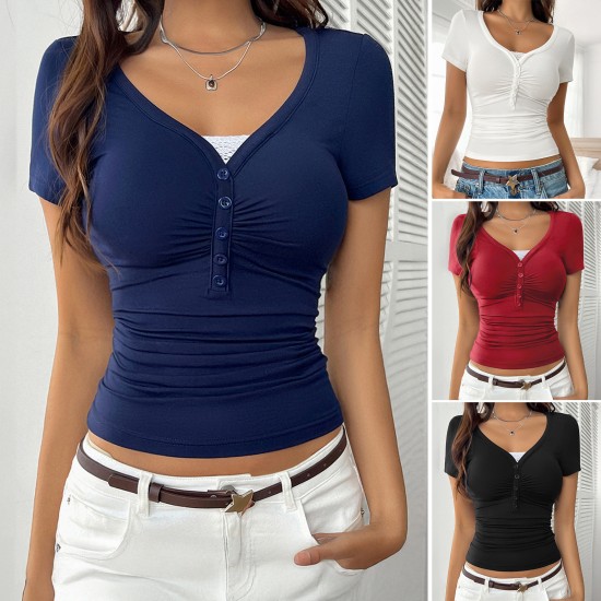 Diyun European and American Cross-border 2025 Spring/Summer Y2K Style Sweet and Spicy Solid Color Slimming Lace patchwork V-neck short-sleeved women's top