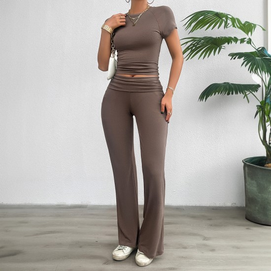 Diyun Cross-border Foreign Trade Women's Clothing Amazon Spring/Summer 2024 Casual Solid Color Slim Short-sleeved and long Pants Set