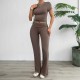 Diyun Cross-border Foreign Trade Women's Clothing Amazon Spring/Summer 2024 Casual Solid Color Slim Short-sleeved and long Pants Set