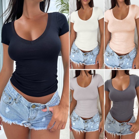 Diyun's European and American cross-border Amazon Y2K women's short-sleeved T-shirt for Spring/Summer 2024 export, U-neck slim solid color long-sleeved T-shirt