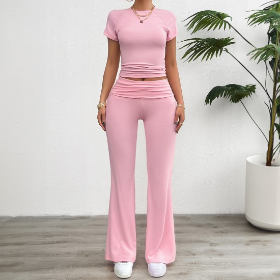 Diyun Cross-border Foreign Trade Women's Clothing Amazon Spring/Summer 2024 Casual Solid Color Slim Short-sleeved and long Pants Set