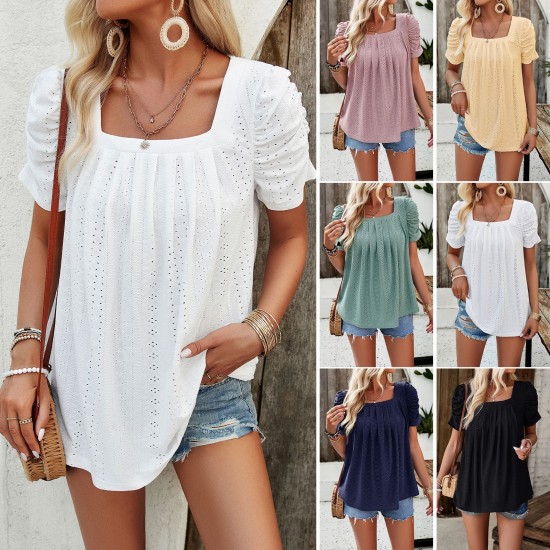 Diyun European and American women's clothing Amazon Spring/Summer 2024 Export Casual solid color square neck hollowed-out short-sleeved shirt top