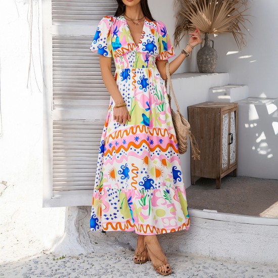 Diyun's Spring/Summer 2025 Cross-border casual Pomixia vacation style printed color-blocking V-neck high-waisted short-sleeved dress