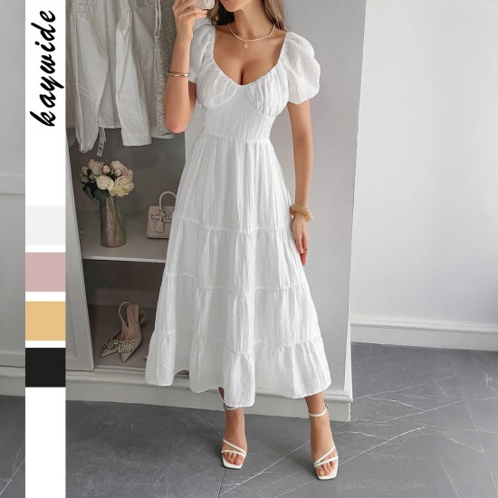 Diyun Cross-border European and American casual vacation style puffed-sleeve long dress women's clothing 2025 Summer Independent store on Amazon