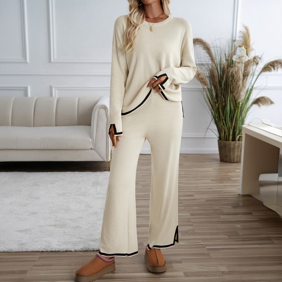 Diyun Cross-border Women's Clothing Set for Amazon 2024, a casual and elegant solid-color knitted long-sleeved woolen coat and pants set