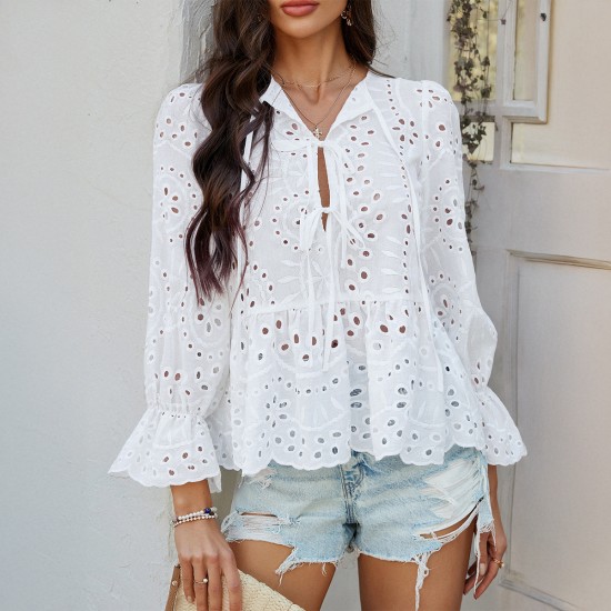 Diyun European and American Cross-border 2025 Spring/Summer Casual Vacation Loose lace-up cardigan Solid Color Cutout top Women's shirt