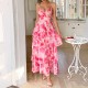 Diyun European and American casual vacation style halter print cake dress Long dress Women's clothing Spring/Summer 2025 Amazon