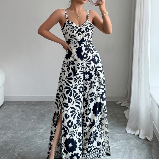 Di Yun's European and American cross-border 2025 Spring/Summer elegant and stylish twist-printed small halter wide-leg one-piece long pants women's clothing