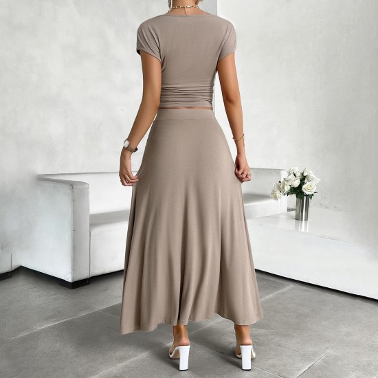 Diyun's European and American cross-border Amazon 2024 Spring/Summer short-sleeved women's wear, elegant and form-fitting solid color short-sleeved dress set