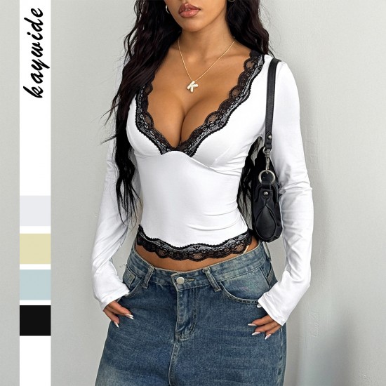 Diyun Cross-border European and American Y2K sexy style lace long-sleeved vest T-shirt women's clothing 2025 Spring/Summer Amazon Independent Store