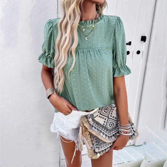 Diyun European and American women's T-shirt Amazon Spring/Summer 2024 Export Casual Solid Color short-sleeved cutout top