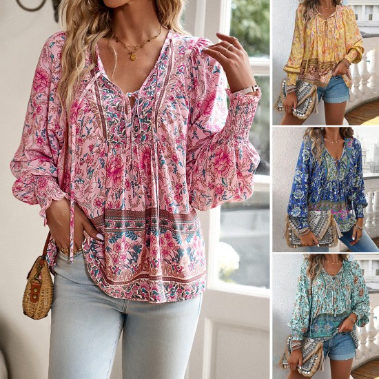 Diyun European and American Cross-border 2025 Spring/Summer Bohemian Vacation Style Cotton print Tie long-sleeved shirt for women