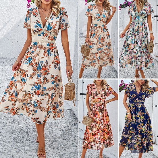 Diyun Cross-border Women's Dress Amazon Spring/Summer 2024 Foreign Trade Casual Vacation Printed high-waisted dress