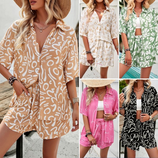 Diyun Cross-border European and American vacation-style printed shirt Women's Set 2025 Summer Export Casual Shorts Two-piece Set