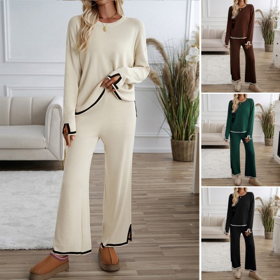 Diyun Cross-border Women's Clothing Set for Amazon 2024, a casual and elegant solid-color knitted long-sleeved woolen coat and pants set
