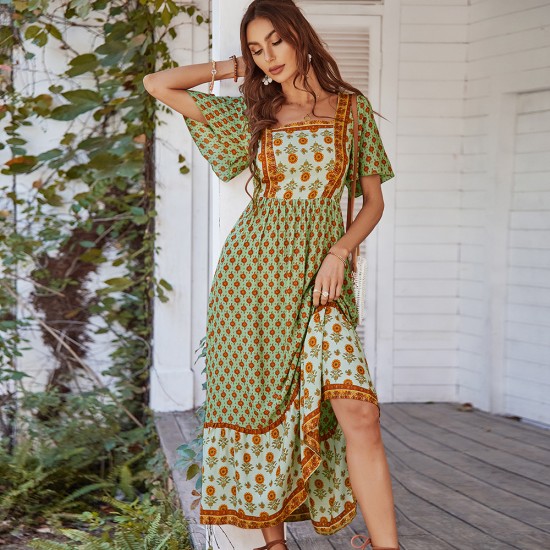Di Yun's Spring/Summer 2025 European and American cross-border cotton printed dress, French printed vacation style square neck dress for women