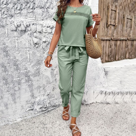 Diyun European and American Women's Clothing Amazon Trade 2024 Spring/Summer Casual Short-sleeved top and long Pants Set