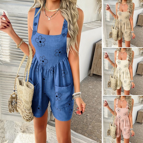 Diyun Cross-border European and American 2025 Spring/Summer Casual Vacation Style Cotton printed Bow Strap Jumpsuit Women's Clothing