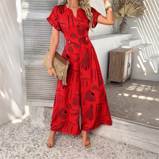 Di Yun's Spring/Summer 2025 cross-border European and American printed casual vacation style women's wear with a waisted short-sleeved shirt, wide-leg one-piece long pants