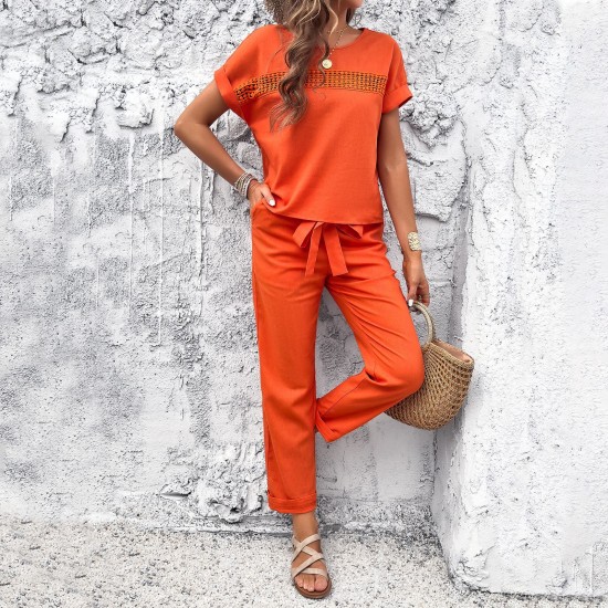Diyun European and American Women's Clothing Amazon Trade 2024 Spring/Summer Casual Short-sleeved top and long Pants Set