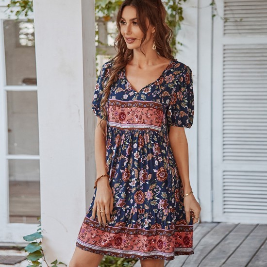 Self-designed casual vacation-style dress 2023 summer printed fresh and delicate dress, light luxury and ethereal