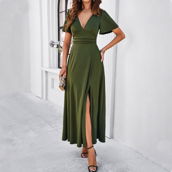 Diyun European and American women's clothing cross-border trade Spring/Summer 2024 Elegant and fitted solid color V-neck slit dress