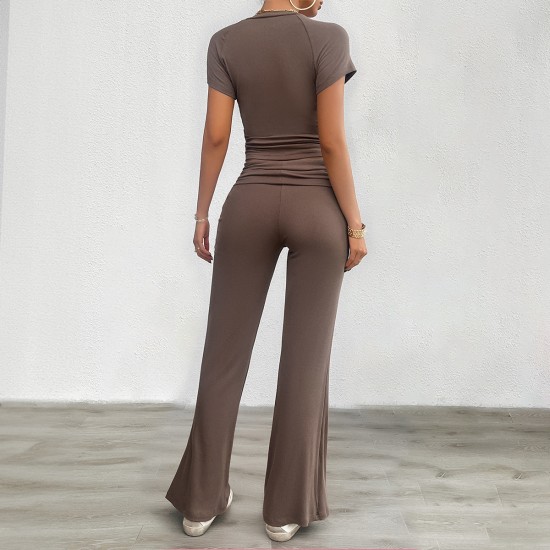 Diyun Cross-border Foreign Trade Women's Clothing Amazon Spring/Summer 2024 Casual Solid Color Slim Short-sleeved and long Pants Set