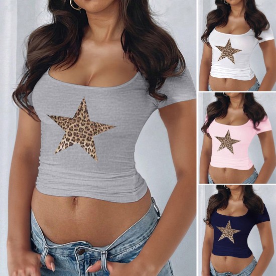 Di Yun's 2025 Spring/Summer European and American top Y2K sexy and slimming U-neck, crop top, cinched waist, printed five-pointed star short-sleeved T-shirt