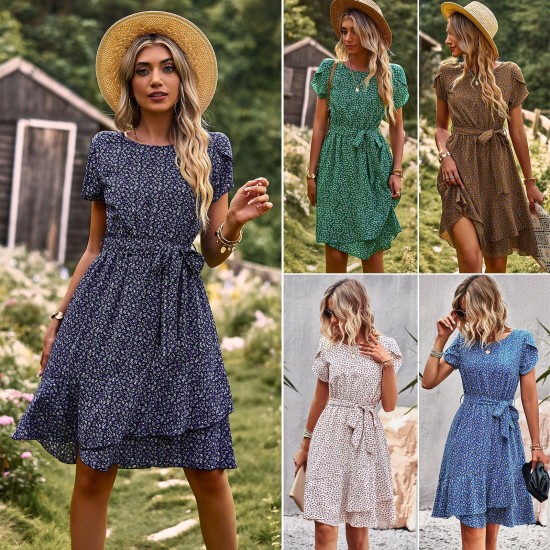 Self-developed and designed Amazon round-neck casual dress for summer 2023 with a lace-up and cinched waist