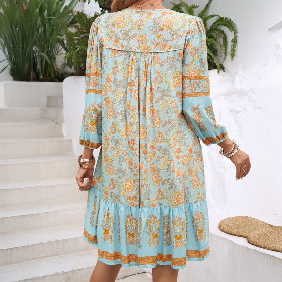 Diyun European and American Cross-border 2025 Spring/Summer Casual Bohemian vacation-style Cotton printed V-neck dress for children