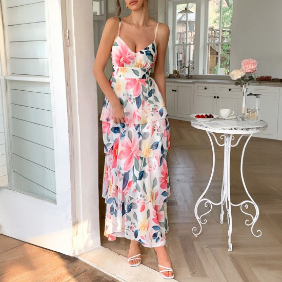 Diyun European and American casual vacation style halter print cake dress Long dress Women's clothing Spring/Summer 2025 Amazon