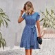Self-developed and designed Amazon round-neck casual dress for summer 2023 with a lace-up and cinched waist