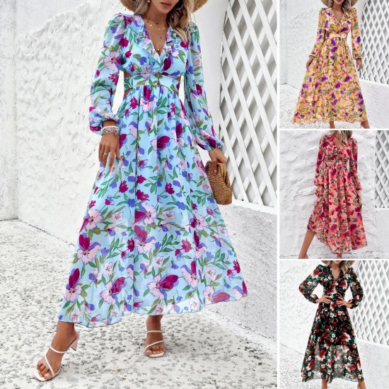 Diyun Cross-border European and American women's clothing Amazon Spring/Summer 2025 Foreign Trade vacation Casual color-blocking printed V-neck dress