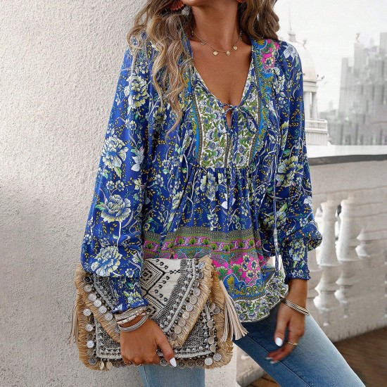 Diyun European and American Cross-border 2025 Spring/Summer Bohemian Vacation Style Cotton print Tie long-sleeved shirt for women