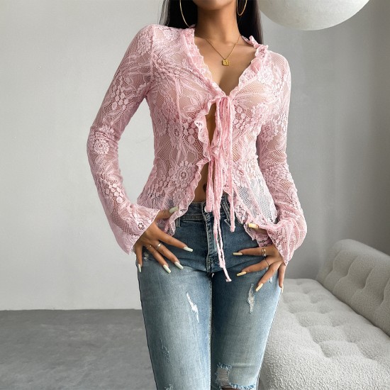Diyun Cross-border Foreign Trade Women's Top Independent Station 2024 Spring/Summer Sexy and Fitted Long-sleeved Lace Trim top
