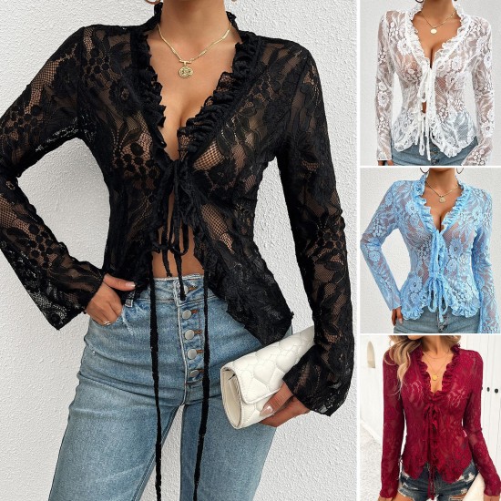Diyun Cross-border Foreign Trade Women's Top Independent Station 2024 Spring/Summer Sexy and Fitted Long-sleeved Lace Trim top