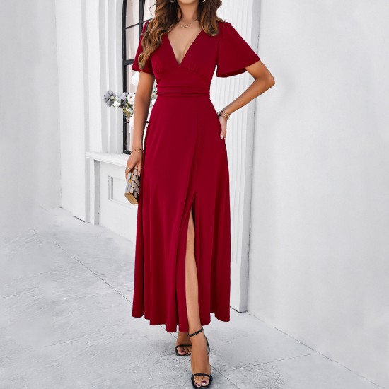 Diyun European and American women's clothing cross-border trade Spring/Summer 2024 Elegant and fitted solid color V-neck slit dress