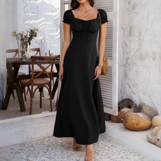 Diyun European and American Foreign Trade 2025 Spring/Summer Elegant solid color French dress with pleated puffed sleeves for women
