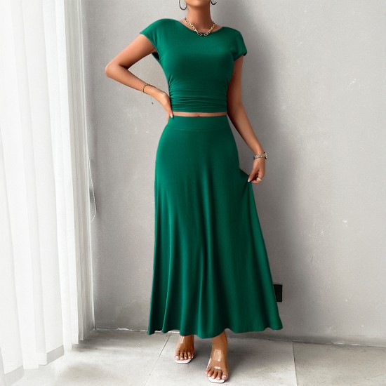 Diyun's European and American cross-border Amazon 2024 Spring/Summer short-sleeved women's wear, elegant and form-fitting solid color short-sleeved dress set