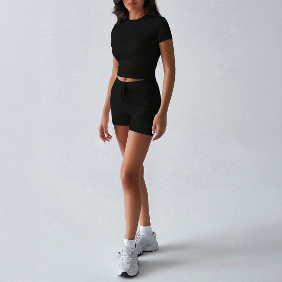 Diyun Cross-border European and American yoga sporty Style solid color short-sleeved belt and short pants women's set for Spring/Summer 2025 Amazon