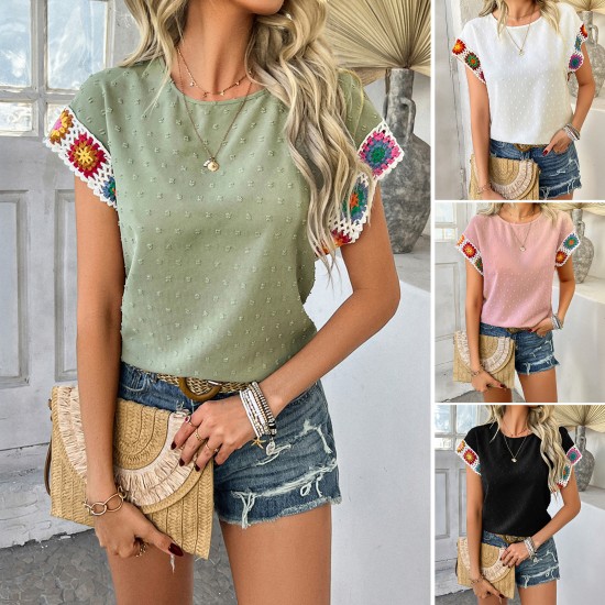 Di Yun 2025 Spring/Summer Cross-border European and American Style Casual Color contrast vacation polka dot embroidery short-sleeved top shirt women's clothing