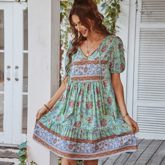 Self-designed casual vacation-style dress 2023 summer printed fresh and delicate dress, light luxury and ethereal