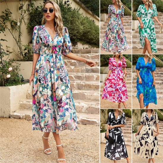 Diyun designed a cross-border Amazon dress for Europe and America in the summer of 2025, featuring a chic, waist-cinched, deep V-neck and printed long dress