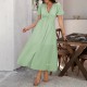 Di Yun's Spring/Summer 2025 Amazon European and American casual commuting vacation style V-neck high-waisted short-sleeved slit dress for women