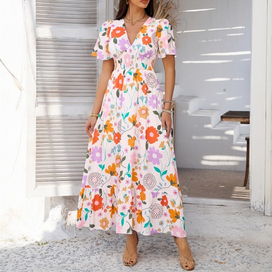 Diyun's Spring/Summer 2025 Cross-border casual Pomixia vacation style printed color-blocking V-neck high-waisted short-sleeved dress